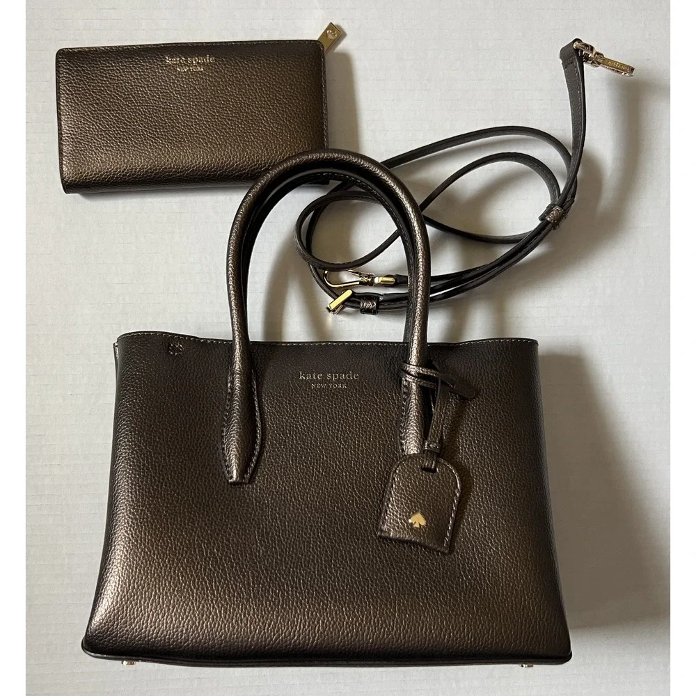 KATE SPADE NEW YORK Eva Top Satchel Ash‎ Metallic Brown Handbag Purse w/ Wallet